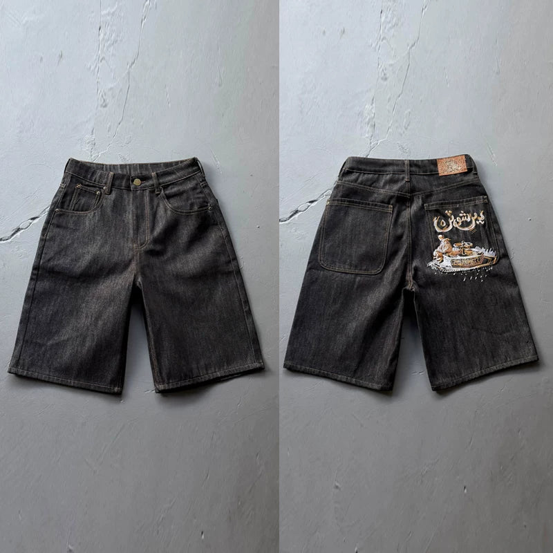 Derschutze Style Retro Statue Embroidered Straight Denim Jeans