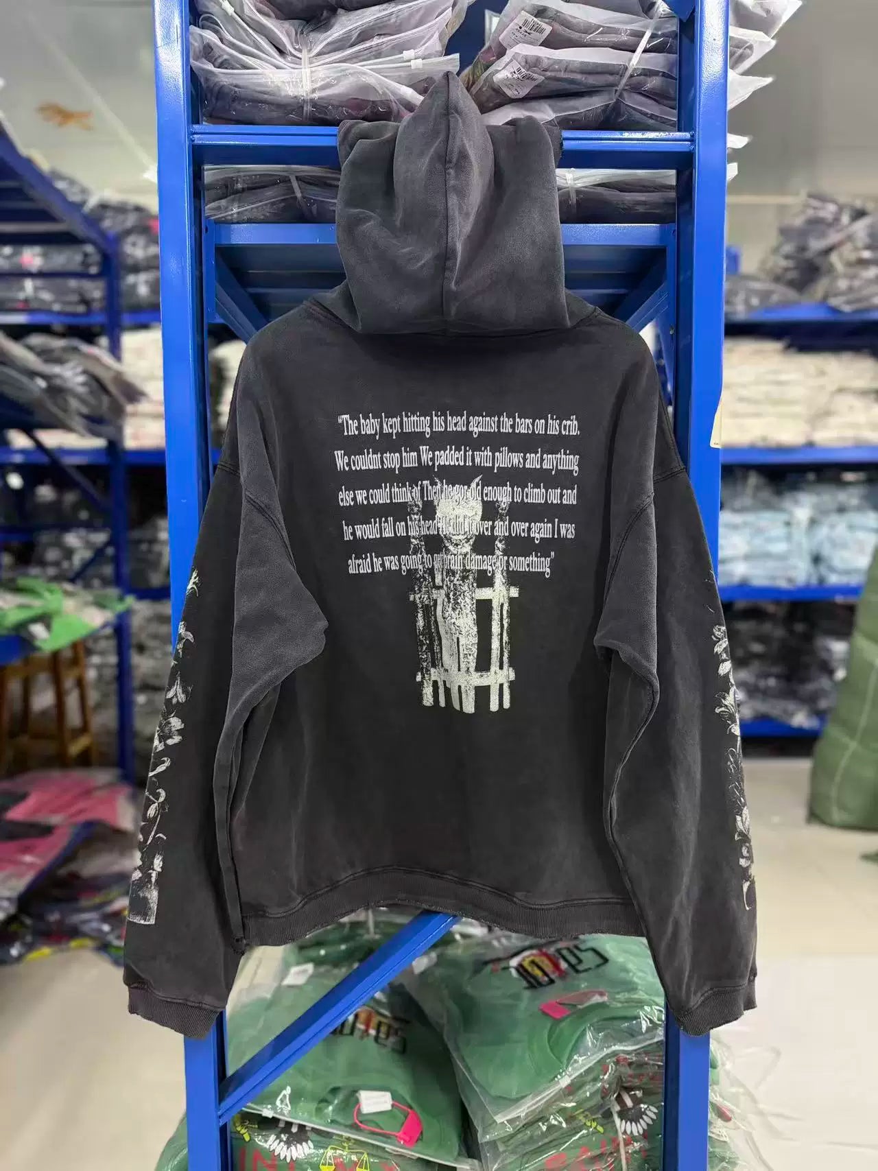 ERD Inspired Distressed Washed Black Fleece Hoodie Pullover