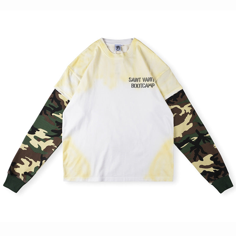 SAINT VANITY Layered-Style Graphic Long-Sleeve T-Shirt - Yellow Tie-Dye / Camo