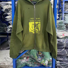 ERD Inspired Slogan Washed Green Zip Up Hoodie