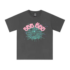 Sp5der 555 555 Teal Web & Pink Numbers Graphic Charcoal Grey Short Sleeve T-Shirt