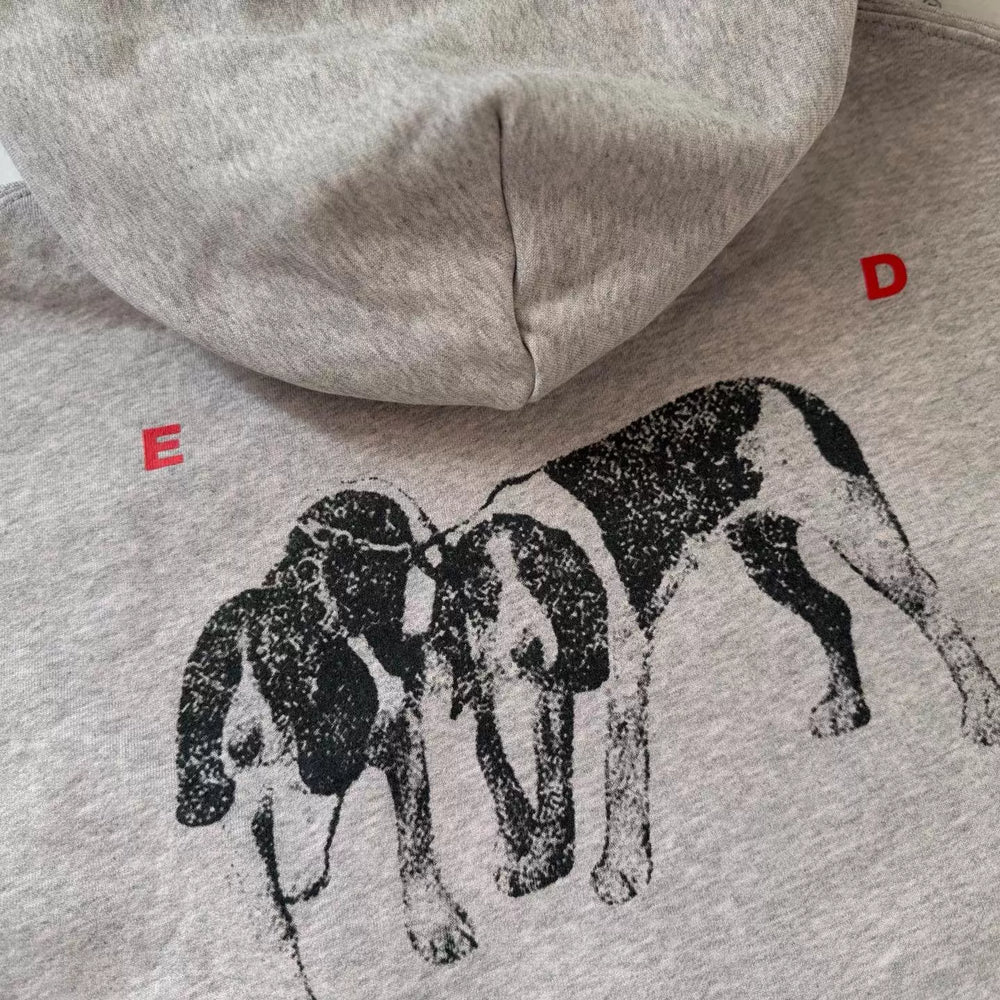 ERD Vintage Distressed Character Print Grey Pullover Hoodie