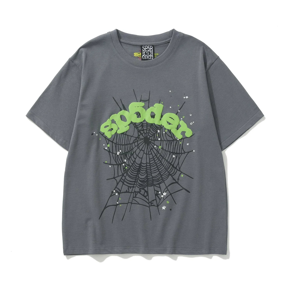 Sp5der Neon Green Logo & Spider Web Graphic Dark Grey Short Sleeve T-Shirt