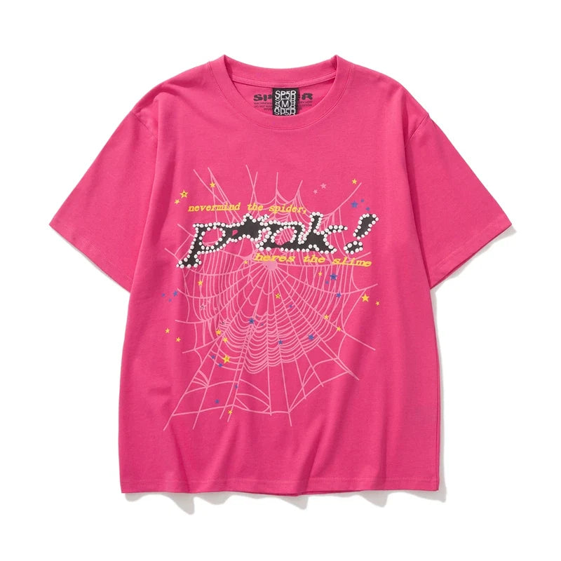 Sp5der Black Pixel Logo & Spider Web Graphic Hot Pink Short Sleeve T-Shirt