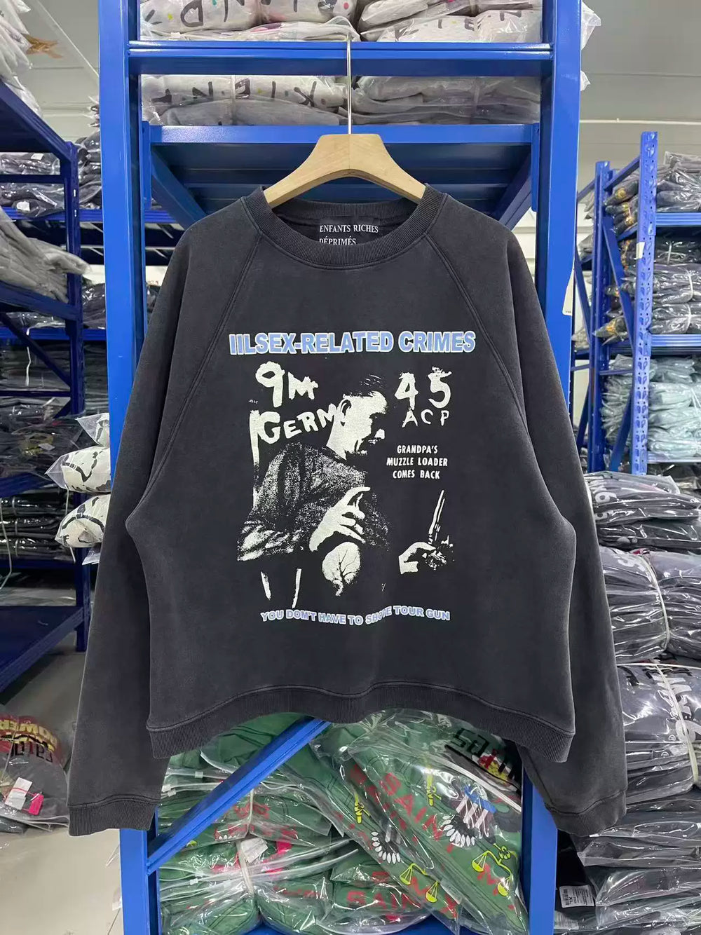 ERD Inspired Slogan Washed Black Fleece Raglan Sweatshirt