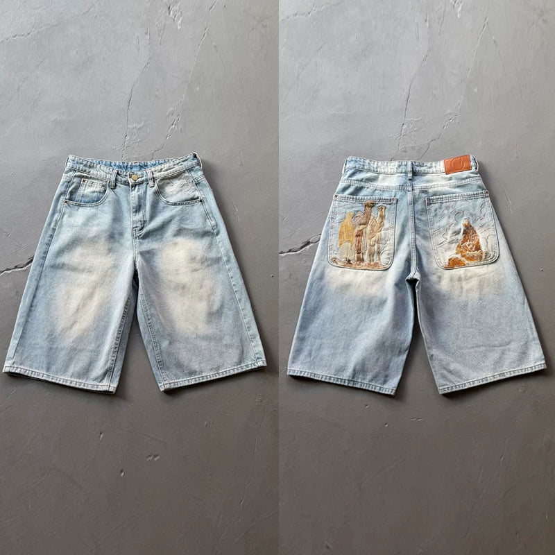 Derschutze Style Retro Statue Embroidered Straight Denim Jeans