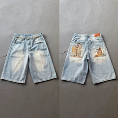 Derschutze Style Retro Statue Embroidered Straight Denim Jeans