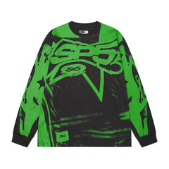 Sp5der SP5 Cyber Graphic Print Black and Green Long Sleeve Casual T-Shirt