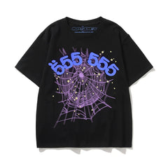 Sp5der Purple Spider Web & Blue "555 555" Graphic Black Short Sleeve T-Shirt