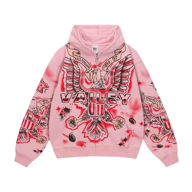 Vale Forever "Valley Dreams Eagle" Vintage Zip-Up Hoodie (Pink)