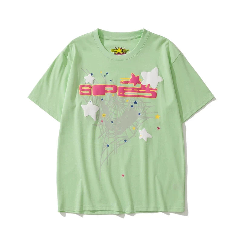 Sp5der Spider Web & Pink Letter Graphic Light Green Short Sleeve T-Shirt