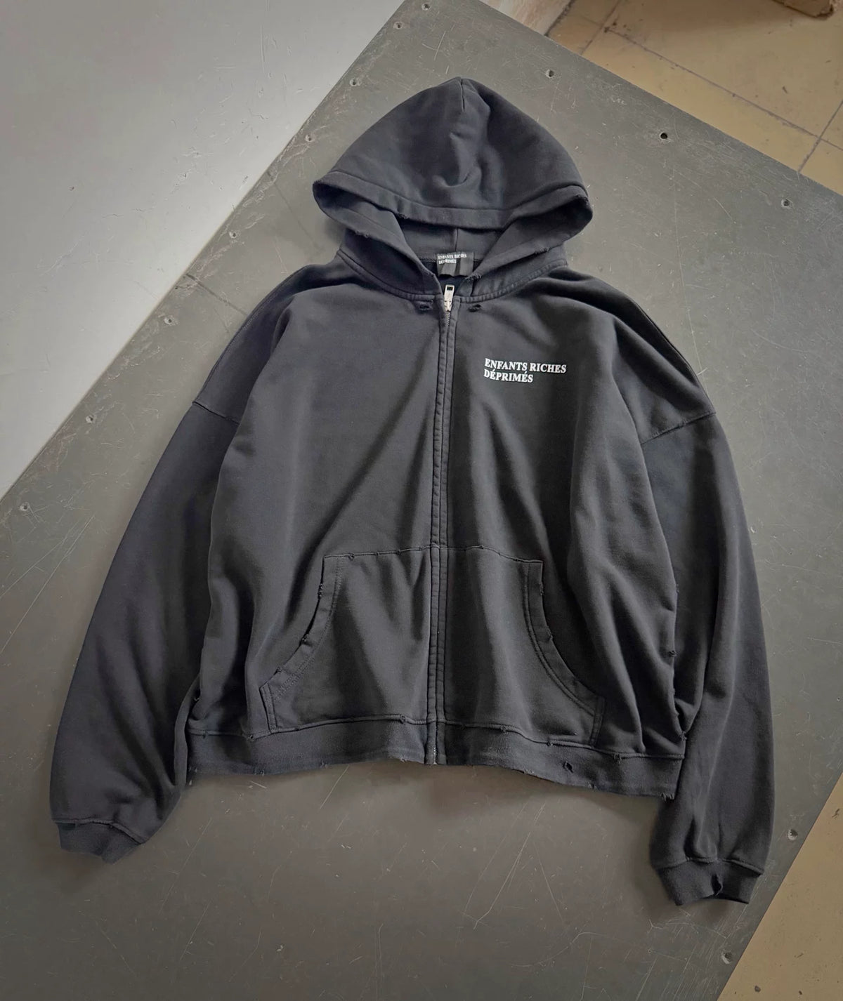 ERD Vintage Distressed Slogan Print Zip Up Hoodie