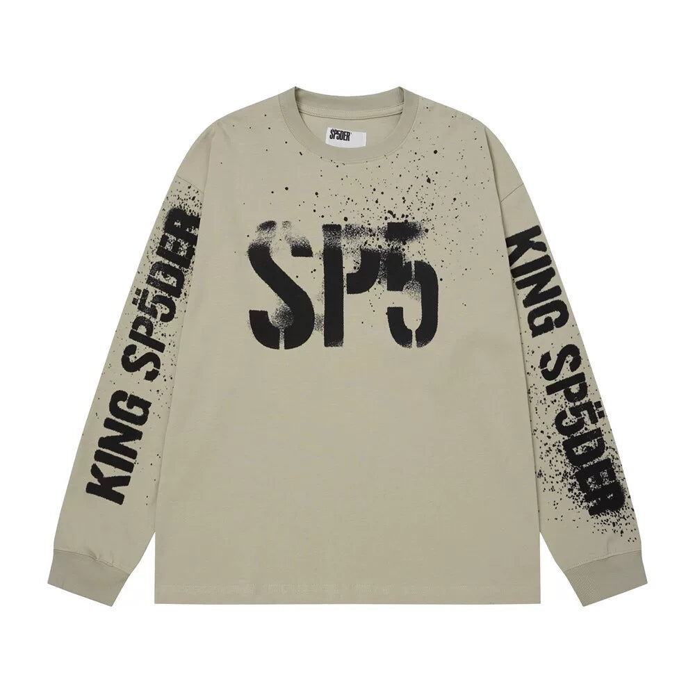 Sp5der King Sp5der Letter Graphic Khaki Long Sleeve Casual T-Shirt