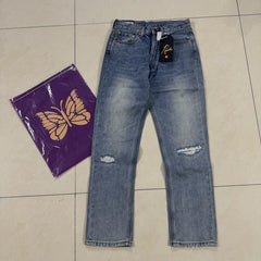 Needles Street Distressed Patchwork Zipper Straight Denim Jeans
