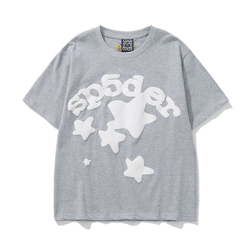 Sp5der Star & White Letter Graphic Heather Grey Short Sleeve T-Shirt