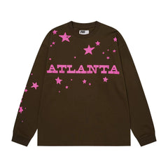 Sp5der Atlanta Star Graphic Brown and Pink Long Sleeve Casual T-Shirt