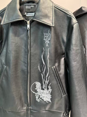 ERD Vintage Black Embroidered PU Leather Jacket