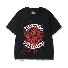 Sp5der "Heroes & Villains" Red Web Graphic Black Short Sleeve T-Shirt