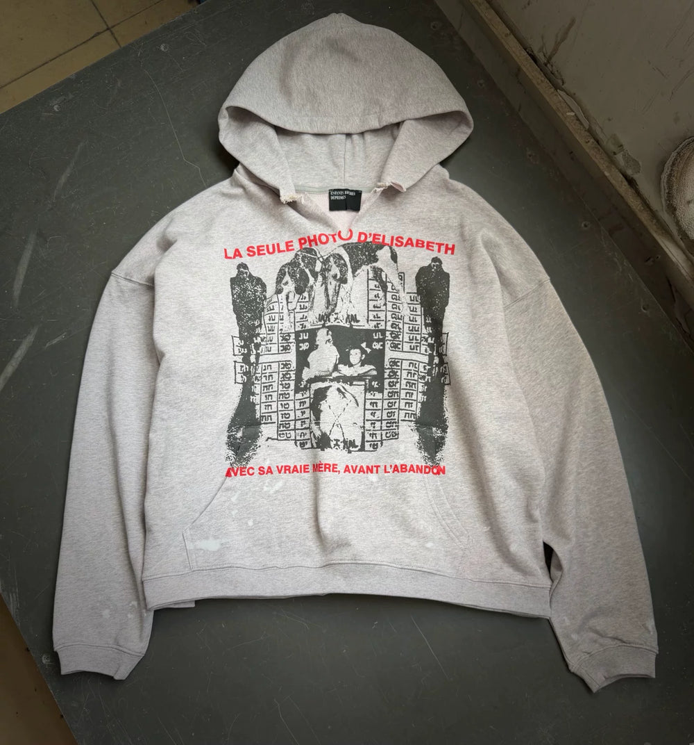 ERD Vintage Distressed Character Print Grey Pullover Hoodie