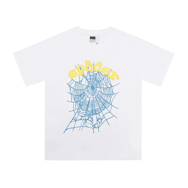 Sp5der Blue Web & Yellow Letter Graphic White Short Sleeve T-Shirt
