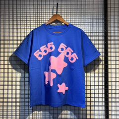 Sp5der 555 555 & Pink Stars Graphic Royal Blue Short Sleeve T-Shirt