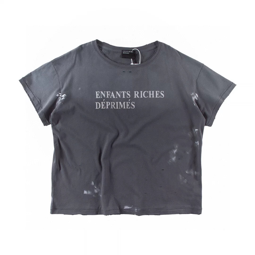 ERD Inspired Punk Slogan Distressed Washed Grey Tee