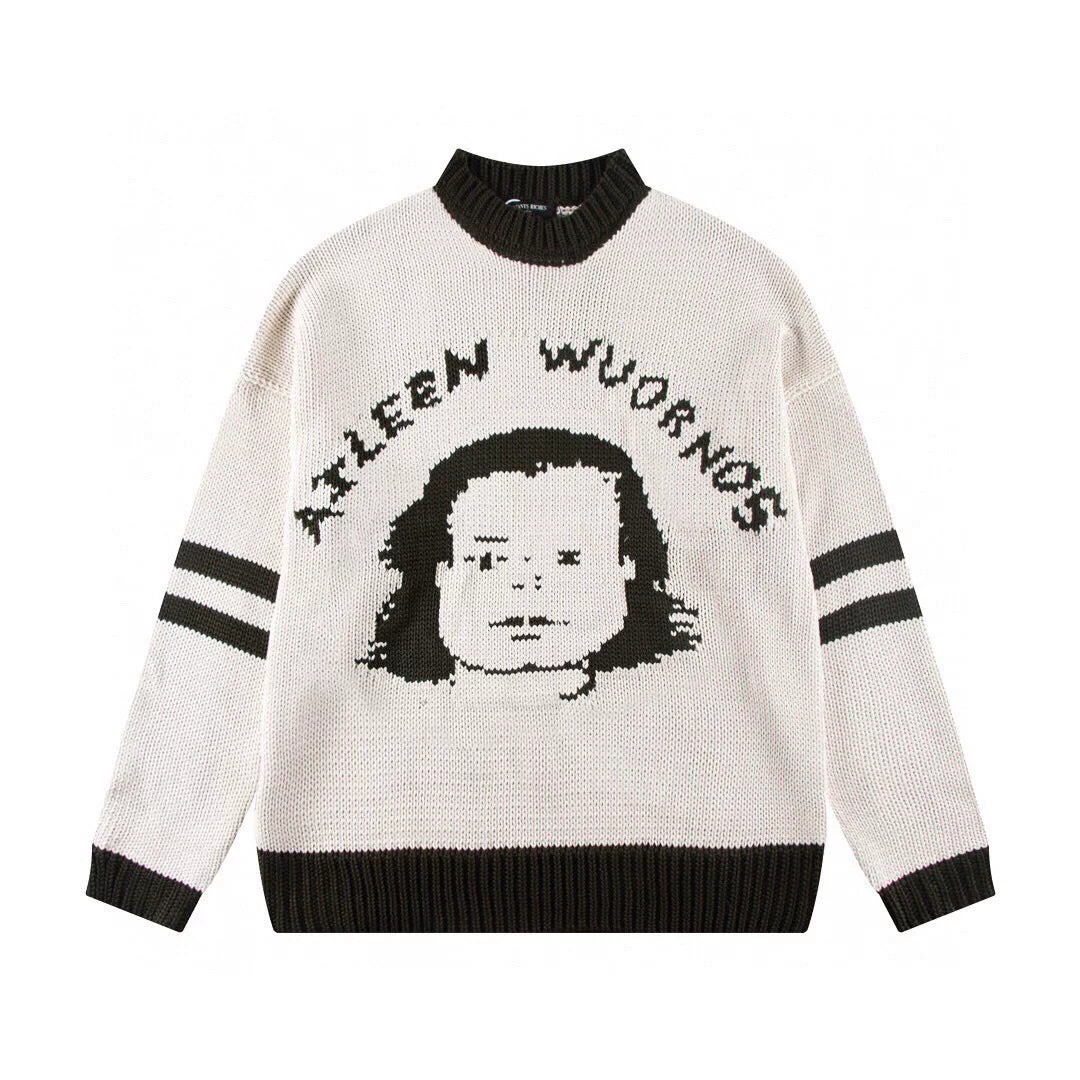 ERD Inspired Cartoon Portrait Jacquard Beige Knit Sweater
