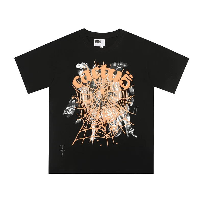 Cactus Jack x Sp5der Orange Web Graphic Black Short Sleeve T-Shirt