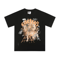 Cactus Jack x Sp5der Orange Web Graphic Black Short Sleeve T-Shirt