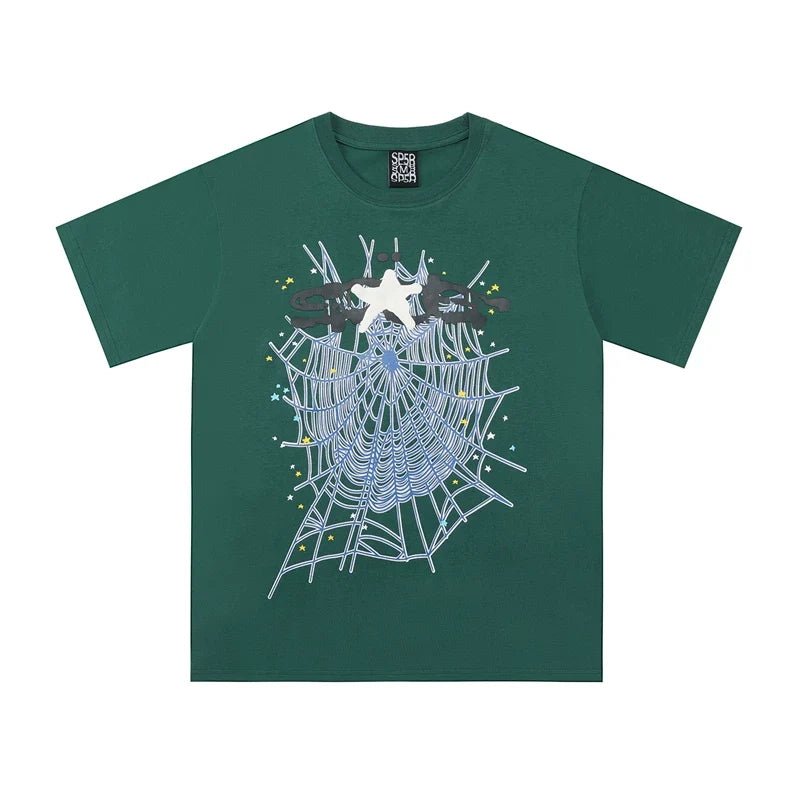 Sp5der Web & White Star Graphic Dark Green Short Sleeve T-Shirt