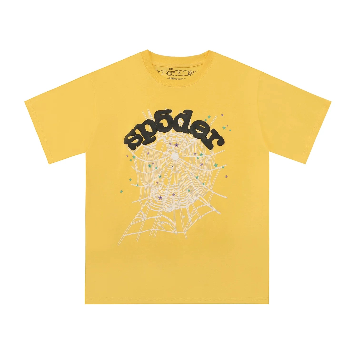 Sp5der Black Logo & White Spider Web Graphic Yellow Short Sleeve T-Shirt