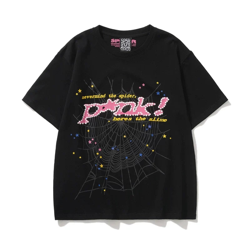 Sp5der Pink Logo & Spider Web Graphic Black Short Sleeve T-Shirt