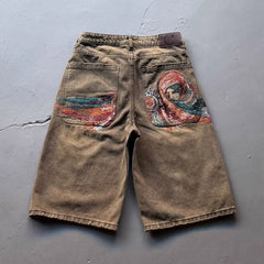 Derschutze Style Heavyweight Embroidered Goddess Denim Shorts