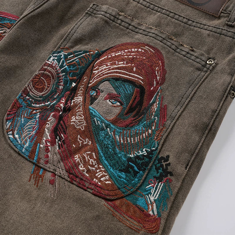 Derschutze Style Heavyweight Embroidered Goddess Denim Shorts