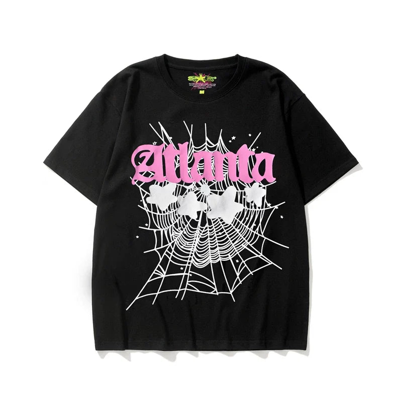 Sp5der Atlanta Web & White Stars Graphic Black Short Sleeve T-Shirt