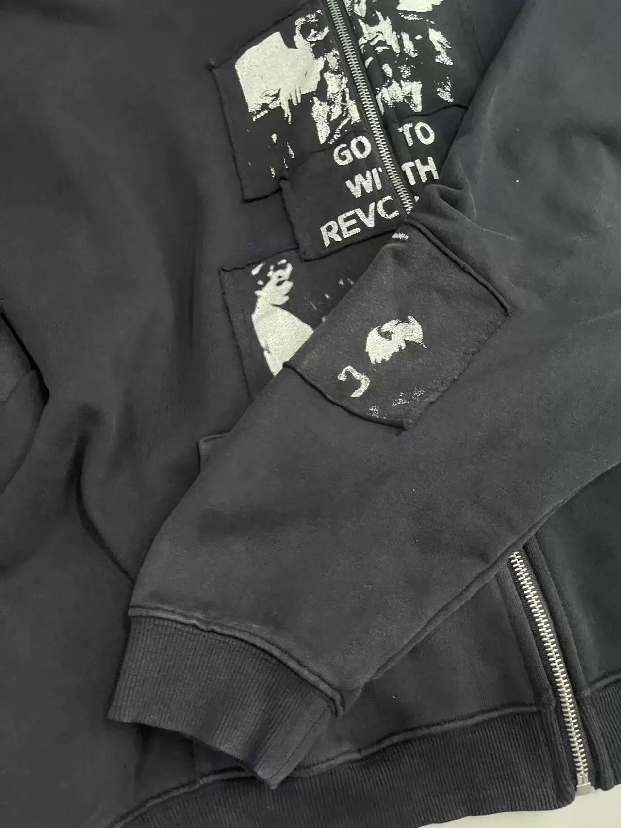 ERD's melancholic  Washed Patchwork Graphic Zip Hoodie