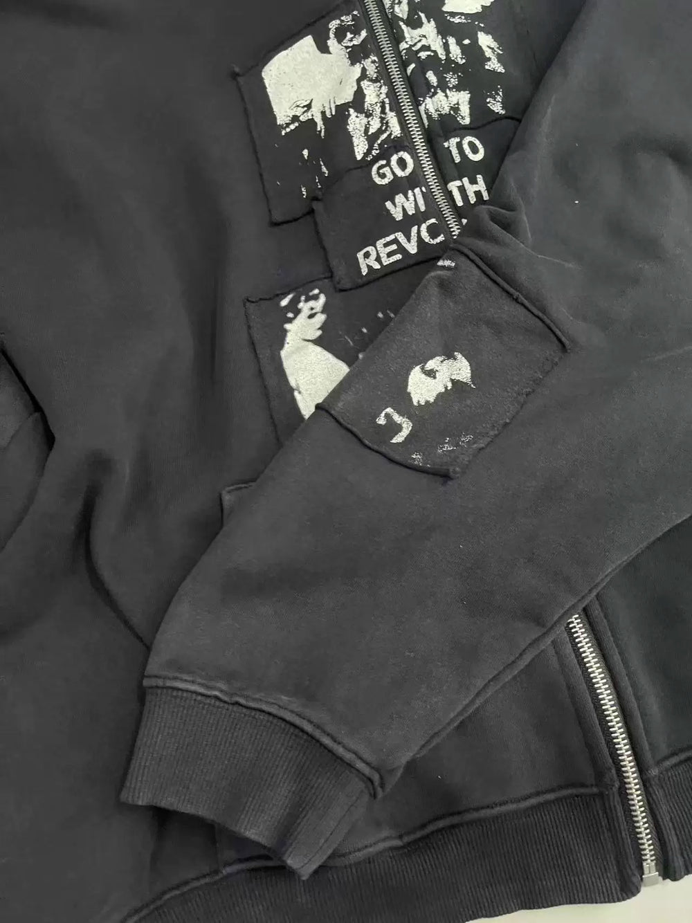 ERD's melancholic  Washed Patchwork Graphic Zip Hoodie