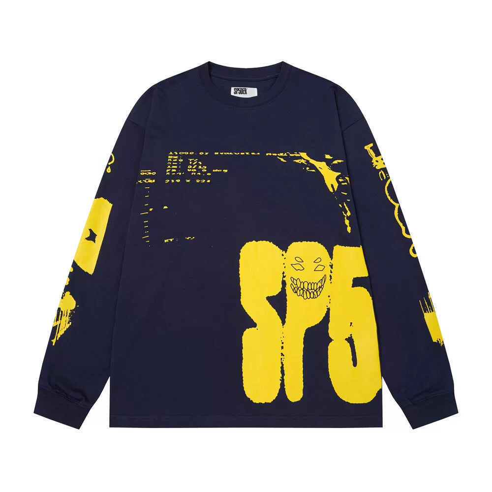 Sp5der SP5 Cyber Smiley Graphic Navy and Yellow Long Sleeve Casual T-Shirt