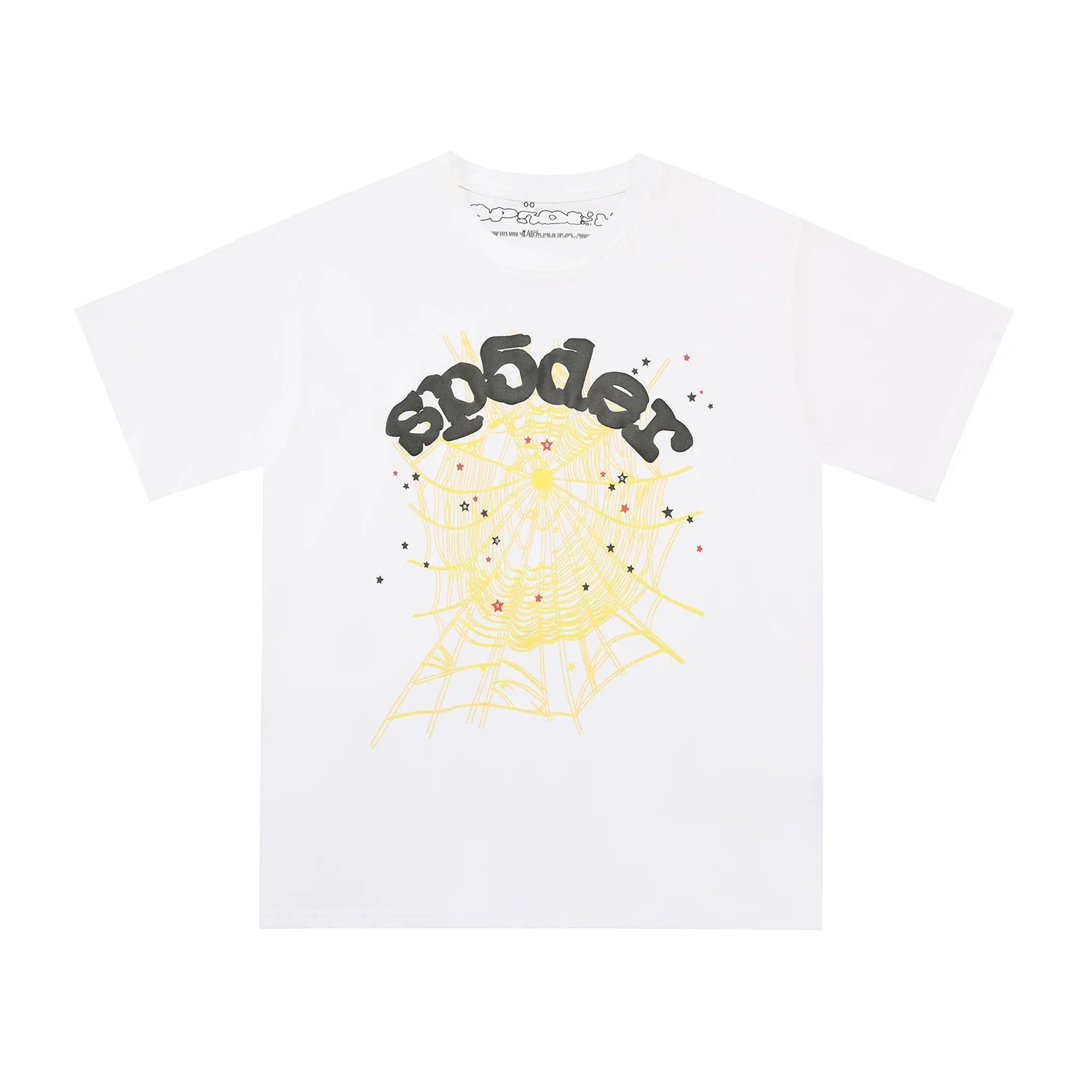 Sp5der Black Logo & Yellow Spider Web Graphic White Short Sleeve T-Shirt