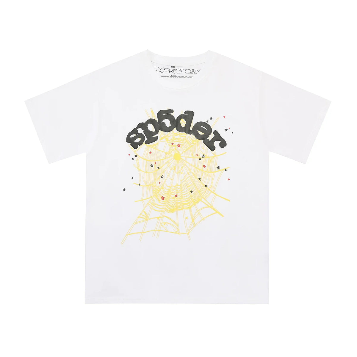 Sp5der Black Logo & Yellow Spider Web Graphic White Short Sleeve T-Shirt