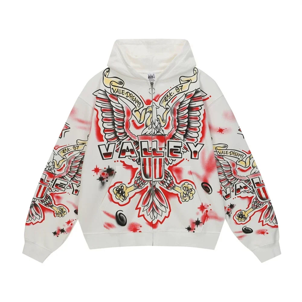 Vale Forever "Valley Dreams Eagle" Vintage Zip-Up Hoodie (White)
