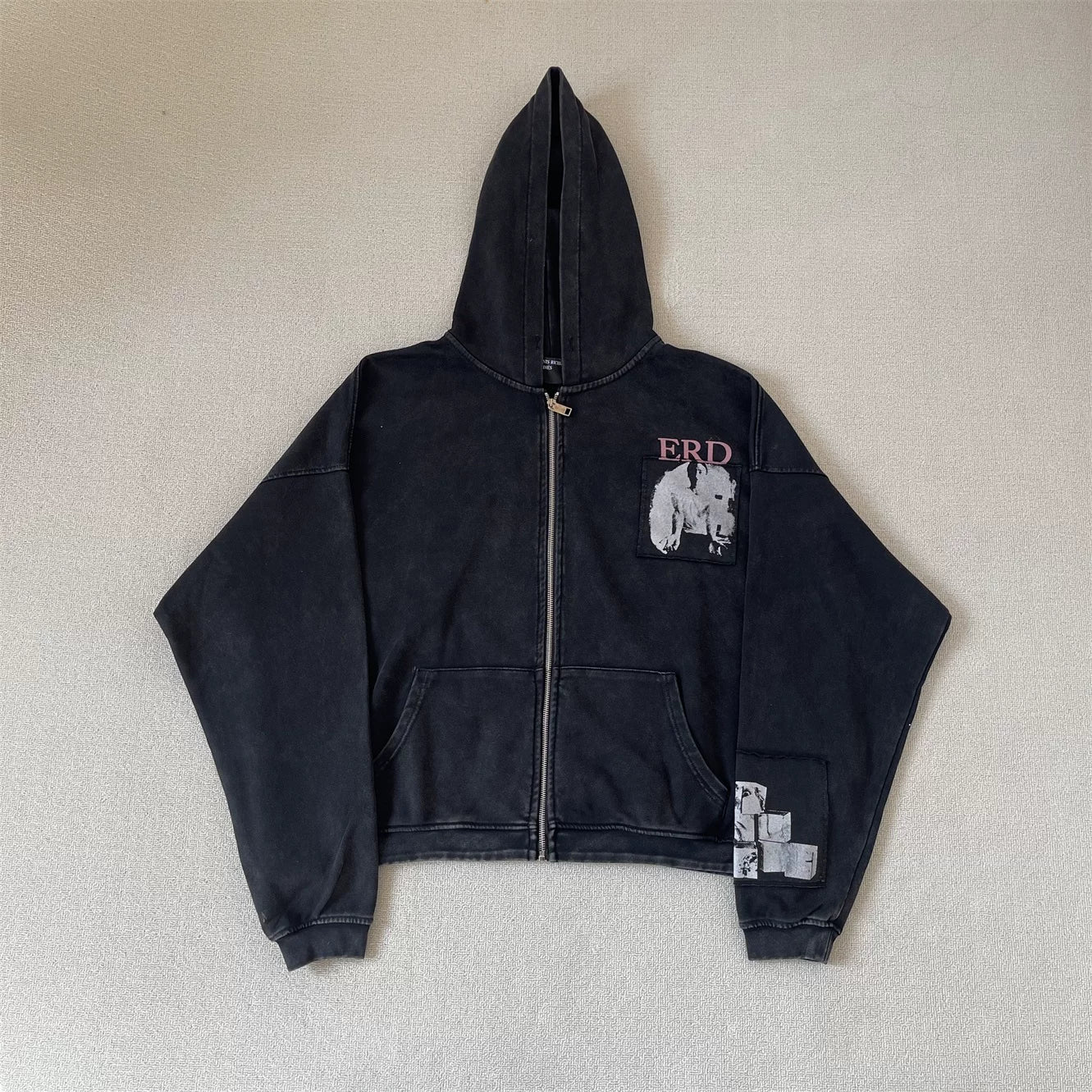 ERD Vintage Washed Oversized Graphic Zip Hoodie