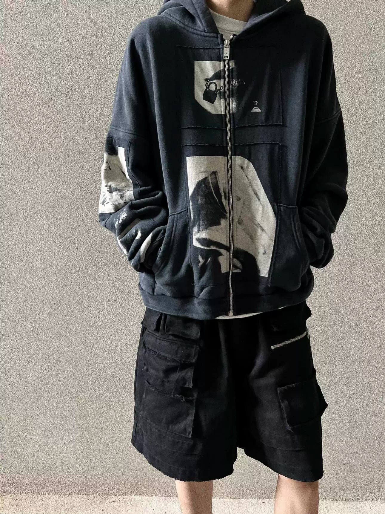 ERD melancholic Vintage Blue Black Patchwork Hoodie