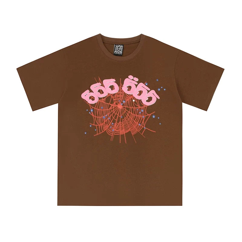 Sp5der 555 555 Red Web & Pink Numbers Graphic Brown Short Sleeve T-Shirt