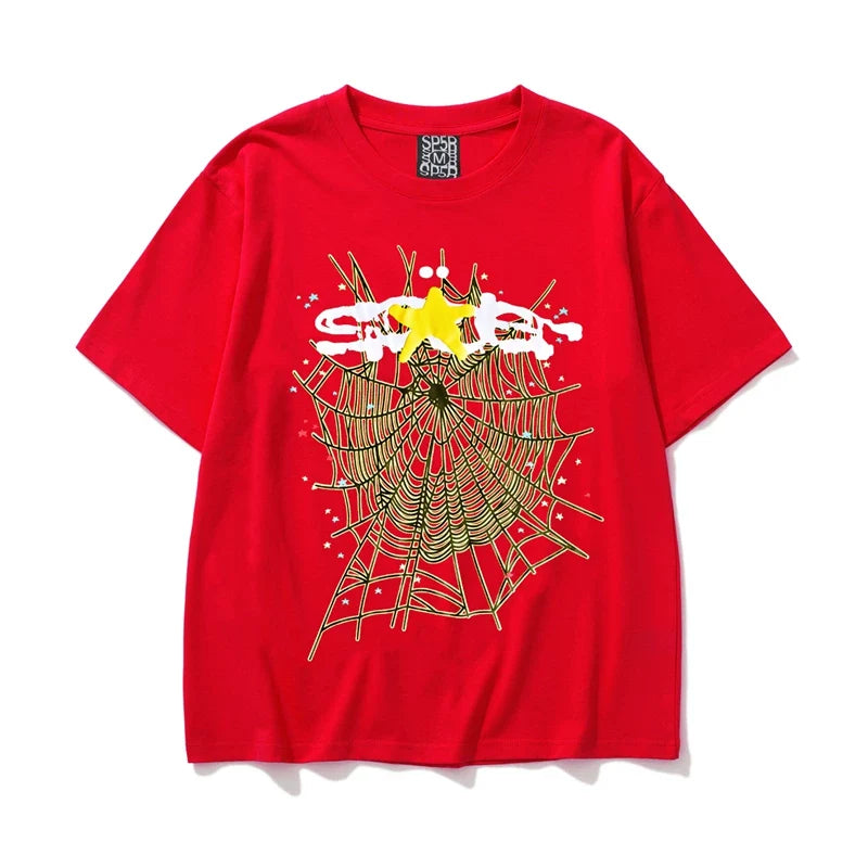 Sp5der Web & Gold Star Graphic Bright Red Short Sleeve T-Shirt