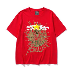 Sp5der Web & Gold Star Graphic Bright Red Short Sleeve T-Shirt
