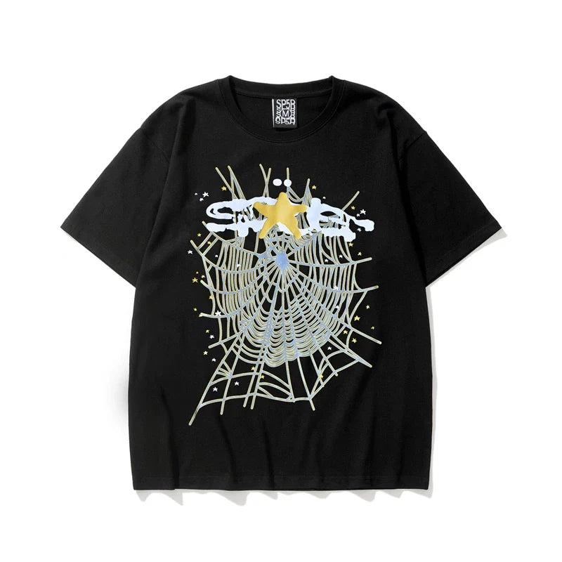 Sp5der Web & Gold Star Graphic Black Short Sleeve T-Shirt