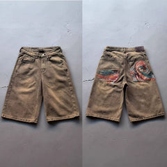 Derschutze Style Heavyweight Embroidered Goddess Denim Shorts