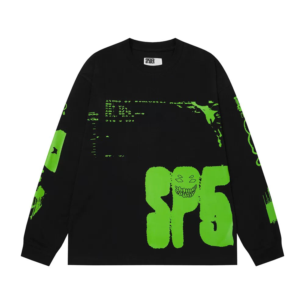 Sp5der SP5 Cyber Smiley Graphic Black and Green Long Sleeve Casual T-Shirt