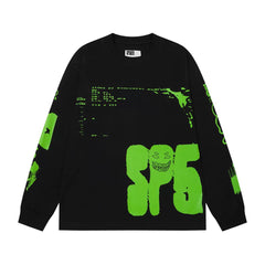 Sp5der SP5 Cyber Smiley Graphic Black and Green Long Sleeve Casual T-Shirt